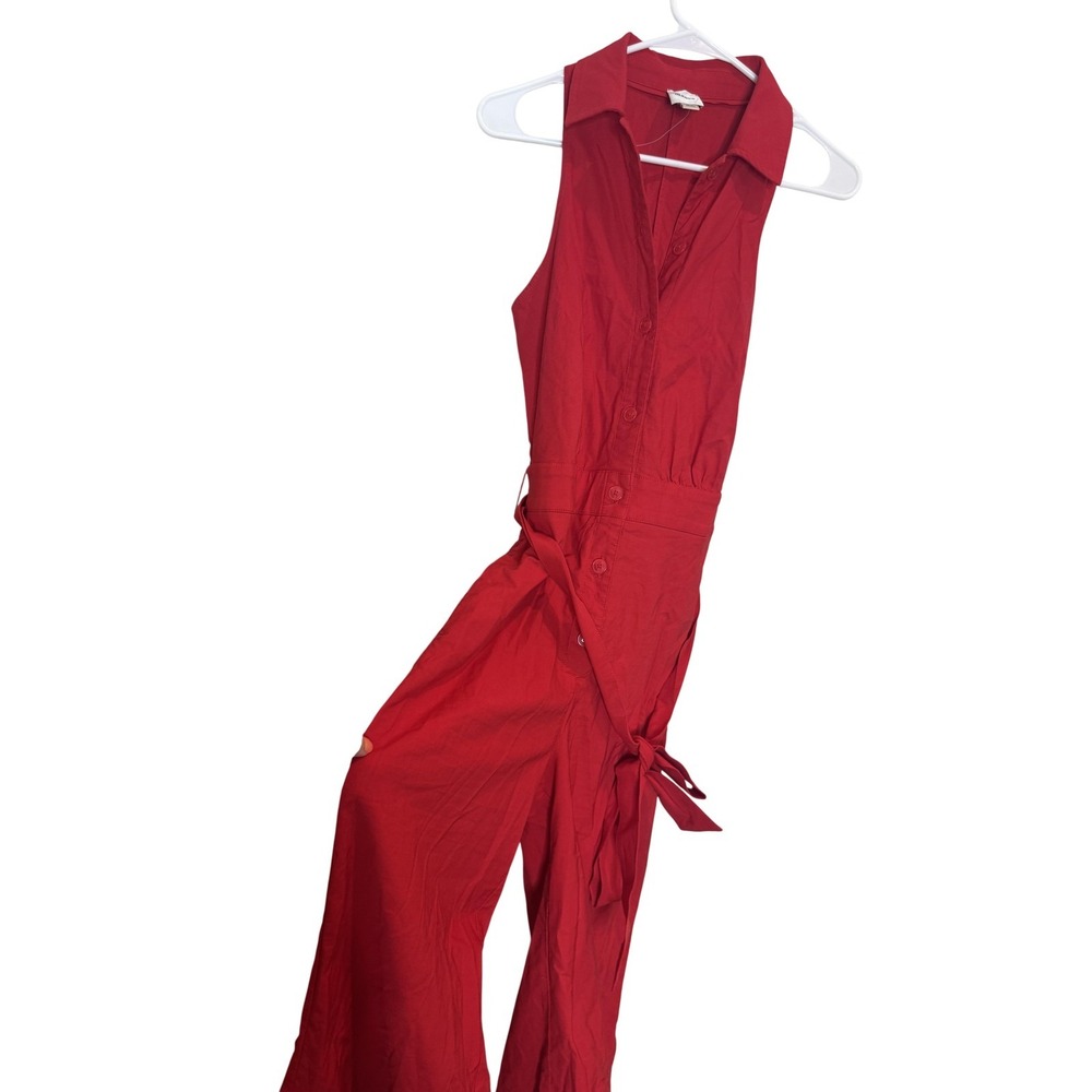 Maeve Jumpsuit Womens 4 Red Sleeveless Collared Button Front Belted Wide Leg